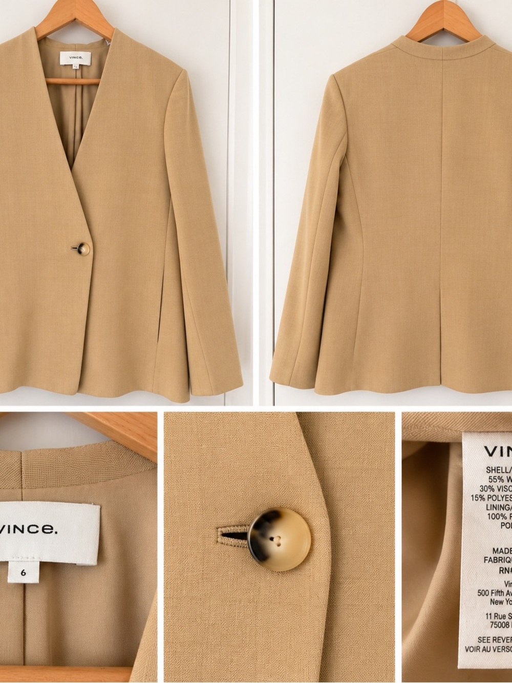 Vince Collarless Wool Blend Blazer Straw Beige Size 6